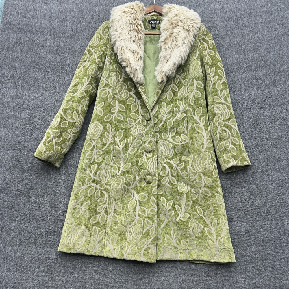 VTG Wet Seal Y2K Green Floral Jacquard Faux Fur Trench Coat Small Whimsigoth